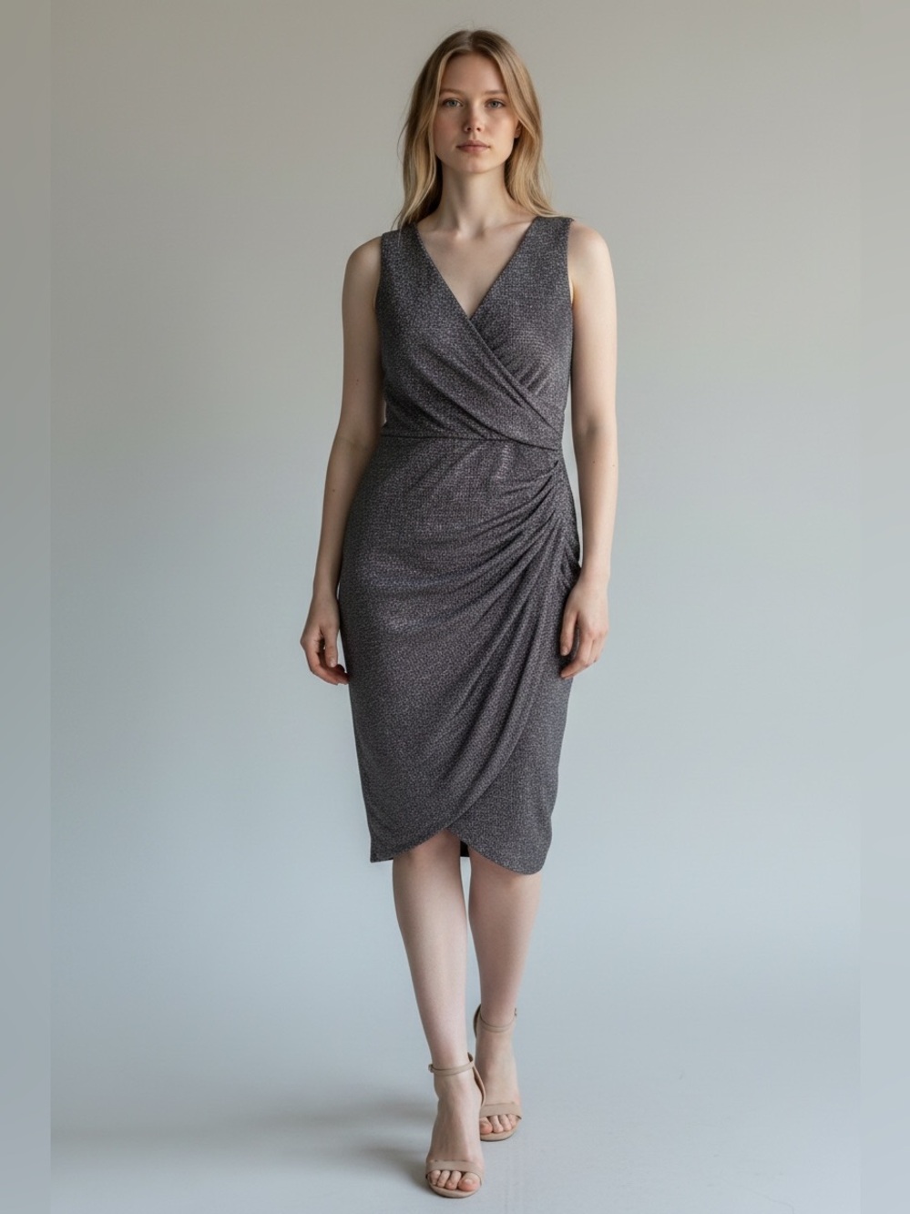 Maggy London Womens Pewter Gray Faux Wrap Sleeveless Dress Size 10 Crinkle Event